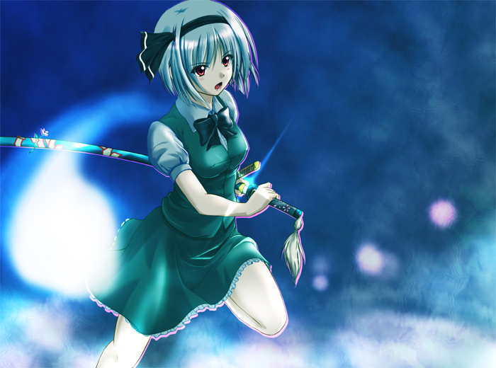 koni, konpaku youmu, konpaku youmu (ghost), touhou, 1girl, female focus, hairband, hitodama, katana, red eyes, sheath, sheathed, short hair, solo, sword, weapon, white hair