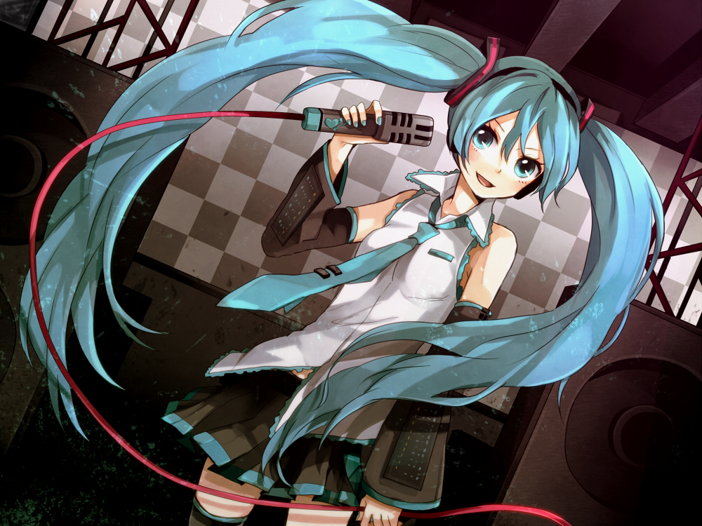 tama (songe), hatsune miku, vocaloid, 1girl, aqua eyes, aqua hair, detached sleeves, dutch angle, female focus, long hair, microphone, necktie, open mouth, skirt, solo, thighhighs, twintails, very long hair