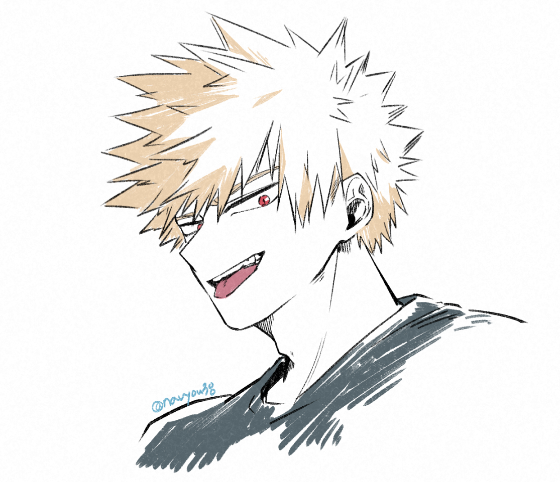 bakugou katsuki, boku no hero academia, commentary, symbol-only commentary, unfinished, 1boy, adam's apple, black shirt, blonde hair, crew neck, cropped shoulders, looking to the side, male focus, navyou38, red eyes, shirt, short hair, solo, spiked hair, teeth, tongue, tongue out, twitter username, upper teeth only, white background