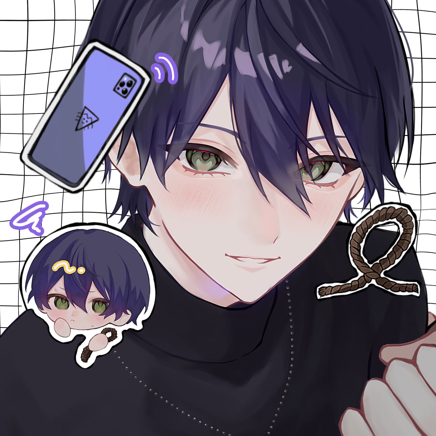 kenmochi touya, nijisanji, hashtag-only commentary, highres, 1boy, alternate costume, black shirt, cellphone, chibi, chibi inset, clenched hand, green eyes, grid background, hair between eyes, jewelry, necklace, phone, portrait, purple hair, shirt, short hair, smile, solo, take 426, turtleneck, virtual youtuber
