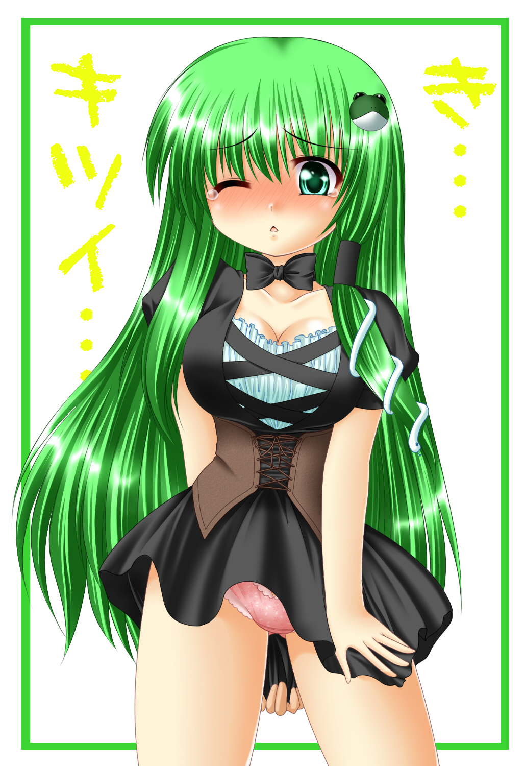 chitose (pixiv), kagura chitose, kochiya sanae, touhou, highres, 1girl, breasts, cleavage, female focus, green eyes, green hair, hair ornament, long hair, matching hair/eyes, panties, pink panties, solo, underwear