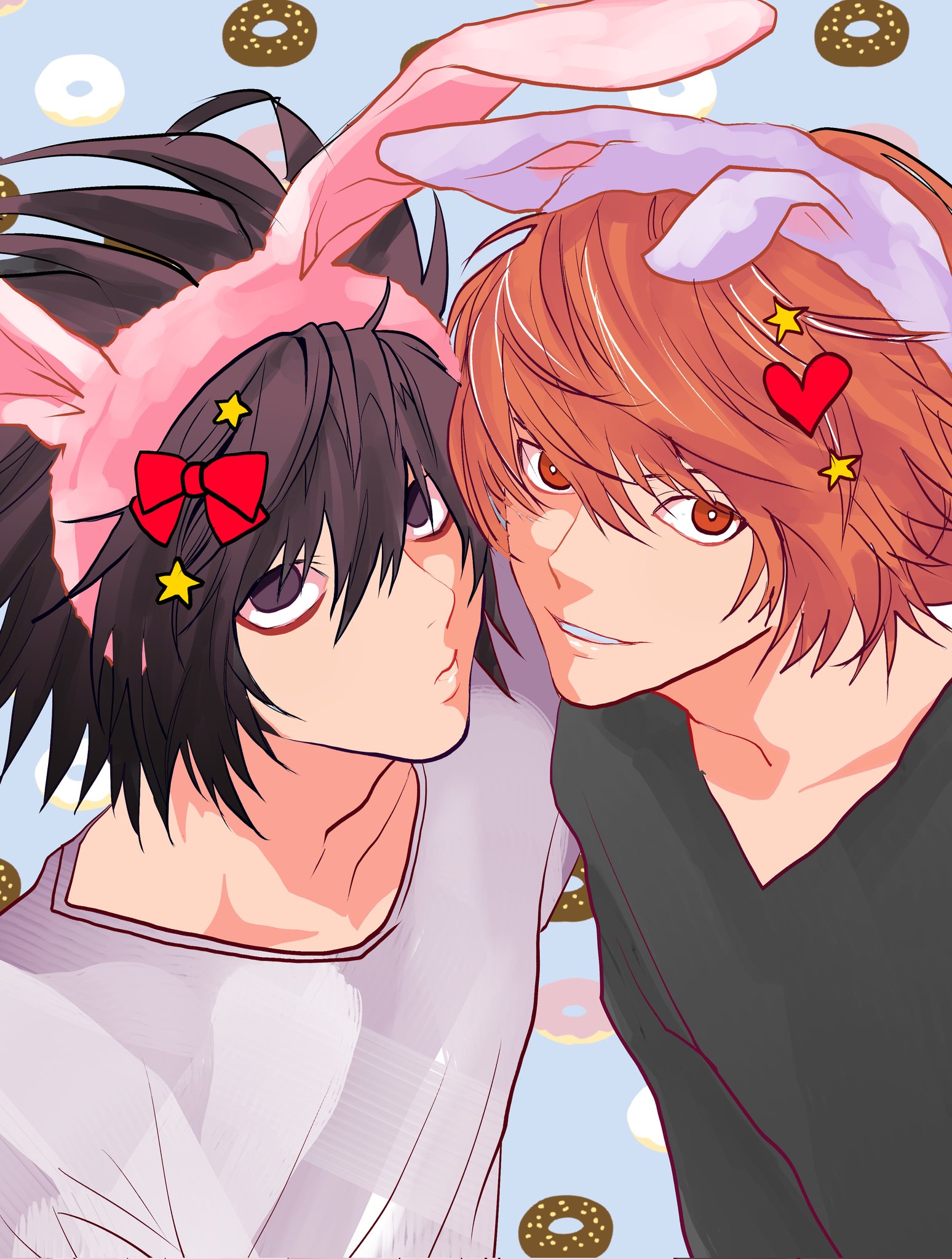 hagisawayui2, l (death note), yagami light, death note, commentary request, highres, 2boys, animal ear hairband, animal ears, black eyes, black hair, black shirt, blue background, blue hairband, bow, brown eyes, brown hair, closed mouth, donut, fake animal ears, food, hair between eyes, hair bow, hairband, looking at viewer, male focus, multiple boys, no eyebrows, parted lips, pink hairband, rabbit ears, red bow, shirt, short hair, smile, upper body, white shirt