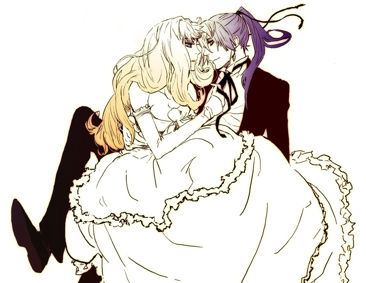 chane, chane (nap cat), saotome alto, sheryl nome, macross, macross frontier, 00s, 1boy, 1girl, blonde hair, blue eyes, blue hair, bride, brown eyes, couple, detached sleeves, dress, earrings, formal clothes, frills, hair ribbon, hetero, jewelry, long hair, necktie, ribbon, single earring, suit, wedding dress
