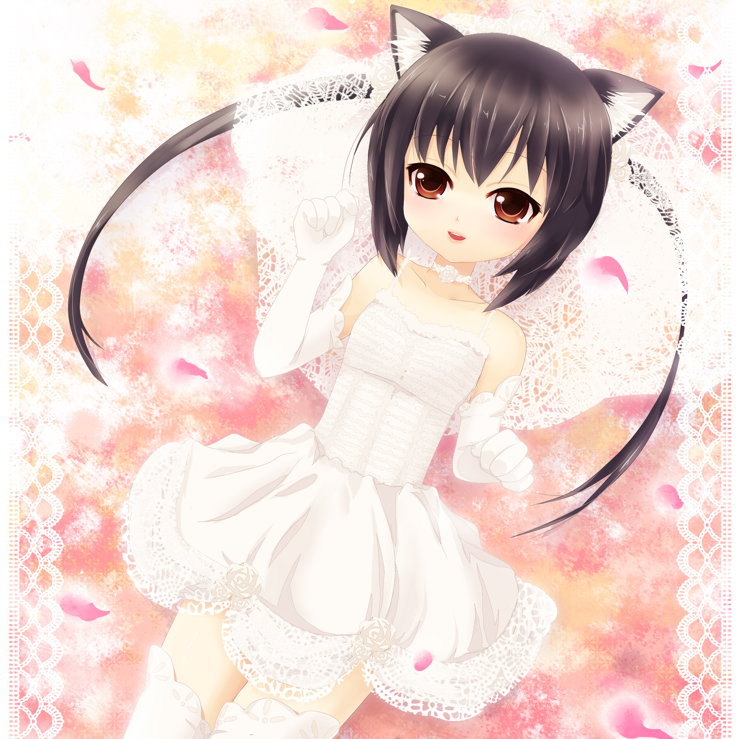 kurokiri, nakano azusa, k-on!, absurdres, bad id, bad pixiv id, highres, 00s, 1girl, animal ears, black hair, bridal veil, bride, brown eyes, cat ears, choker, dress, elbow gloves, female focus, flower, gloves, rose, short hair, solo, thighhighs, twintails, veil, wedding dress, white flower, white rose
