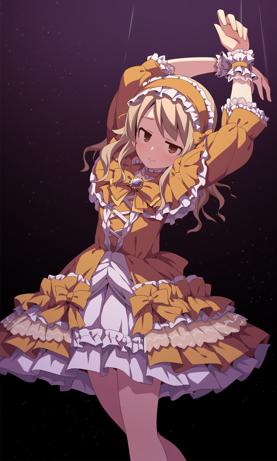 uccow, morikubo nono, idolmaster, idolmaster cinderella girls, commentary request, highres, 1girl, arms up, brown dress, brown eyes, brown hair, brown hairband, closed mouth, dress, feet out of frame, frilled dress, frilled hairband, frills, hairband, long hair, long sleeves, looking at viewer, puffy long sleeves, puffy sleeves, smile, solo, wrist cuffs