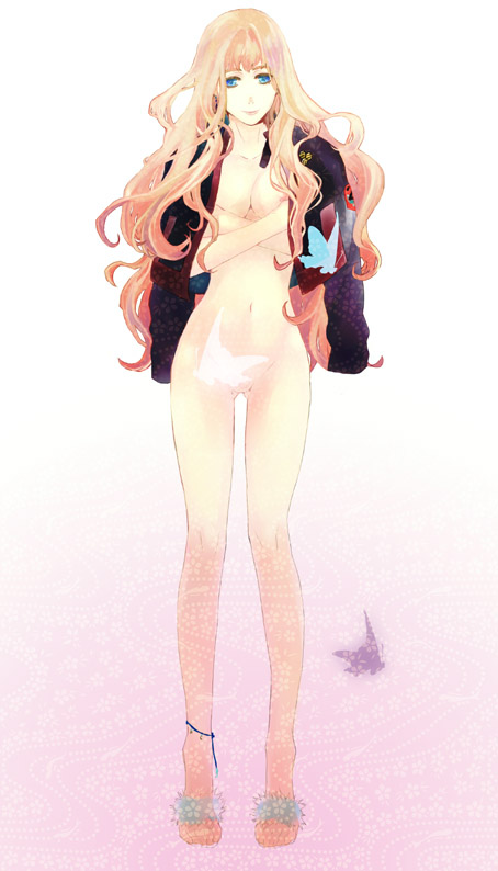 chane, chane (nap cat), sheryl nome, macross, macross frontier, 00s, 1girl, blonde hair, blue eyes, cape, censored, convenient censoring, crossed arms, female focus, flat chest, jacket, jacket on shoulders, legs, long hair, lowleg, naked cape, nipples, nude, solo, thigh gap, very long hair