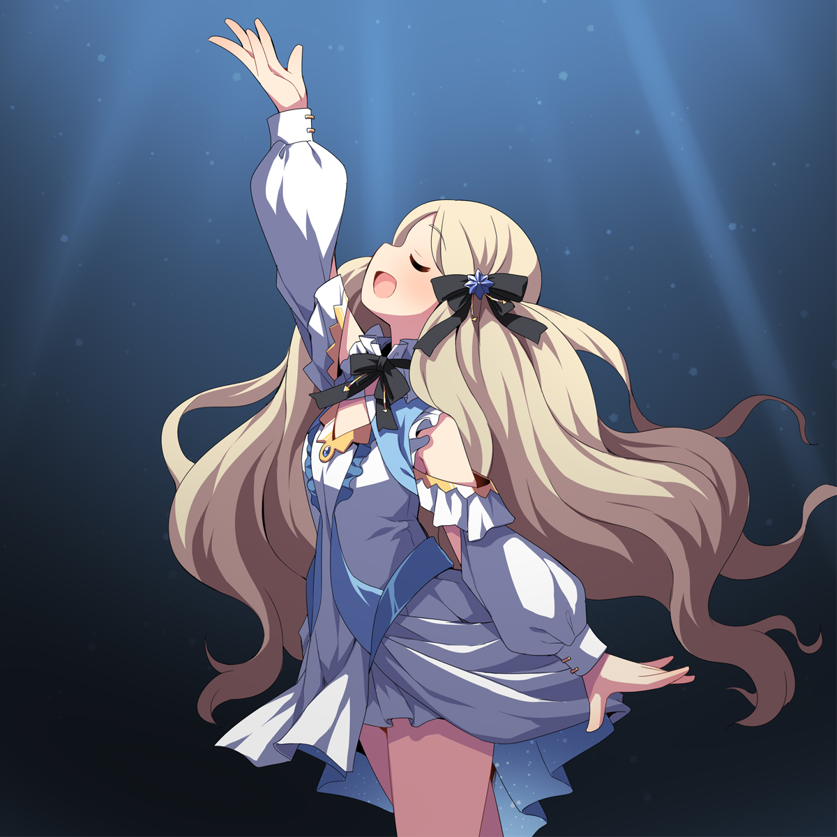 uccow, idolmaster, character request, commentary request, highres, 1girl, :d, arm up, black bow, blush, bow, brown hair, closed eyes, clothing cutout, dress, hair bow, long sleeves, open mouth, parted bangs, puffy long sleeves, puffy sleeves, shoulder cutout, smile, solo, white dress