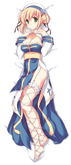 odawara hakone, arch bishop (ragnarok online), ragnarok online, 1girl, blonde hair, breasts, female focus, full body, garter belt, green eyes, hat, lying, no panties, ribbon, side slit, solo, thighhighs, white background