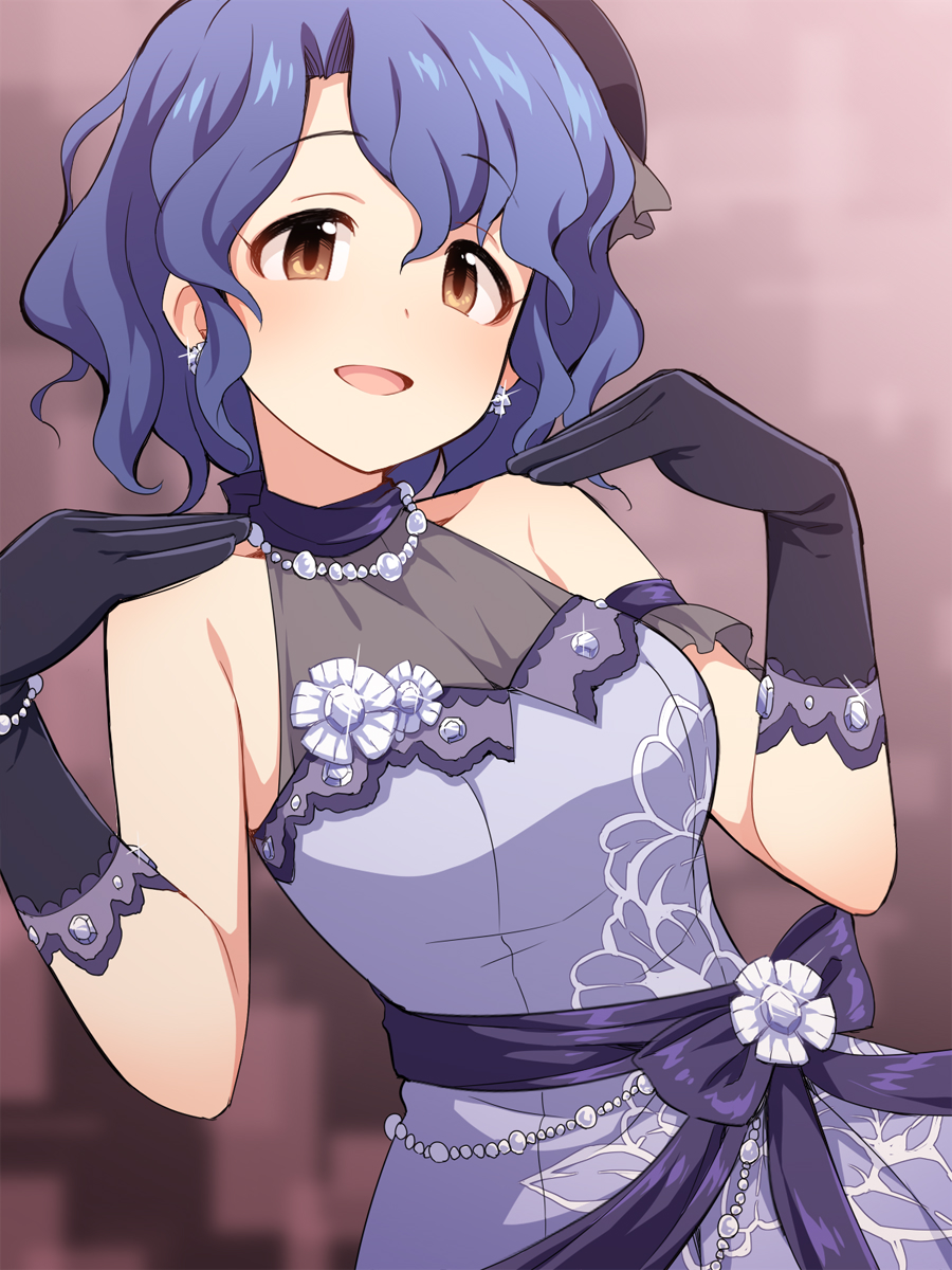 uccow, toyokawa fuka, idolmaster, idolmaster million live!, idolmaster million live! theater days, commentary request, highres, revision, 1girl, :d, bare shoulders, black gloves, blue hair, blurry, blurry background, blush, bow, breasts, brown eyes, collarbone, depth of field, dress, gloves, grey dress, hair between eyes, hands up, looking at viewer, medium breasts, open mouth, purple bow, sleeveless, sleeveless dress, smile, solo