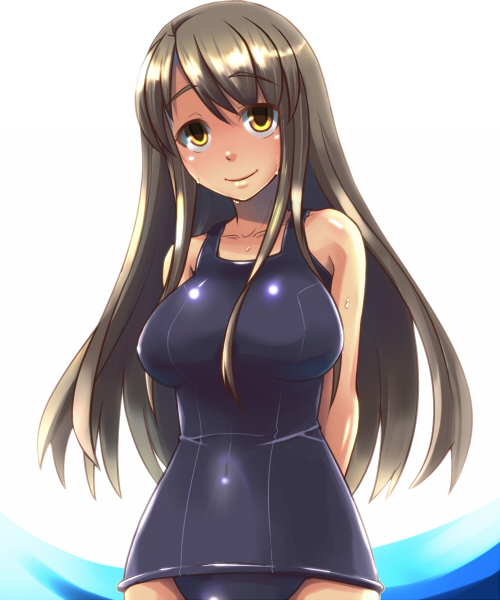 ygo (kintsuba), original, 1girl, bare shoulders, breasts, brown hair, collarbone, female focus, large breasts, long hair, navel, one-piece swimsuit, school swimsuit, shiny clothes, smile, solo, swimsuit, wet, yellow eyes