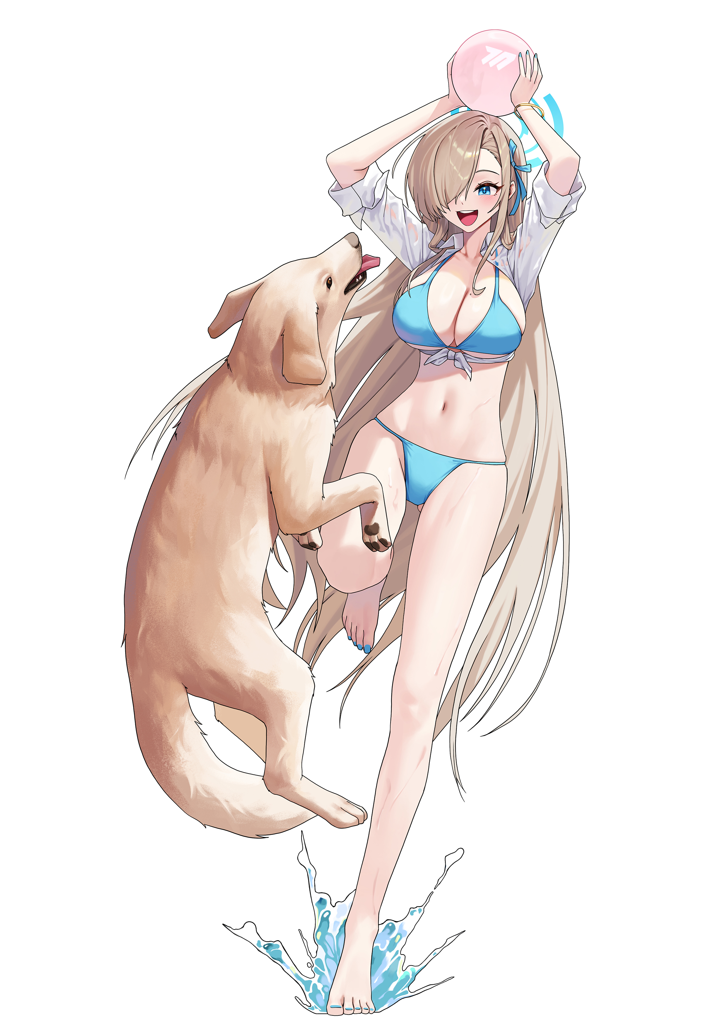 alfie (tmdals7645), asuna (blue archive), blue archive, absurdres, hashtag-only commentary, highres, 1girl, absurdly long hair, alternate costume, arms up, bikini, blue bikini, blue nails, brown hair, dog, full body, long hair, looking at animal, navel, open mouth, simple background, smile, standing, standing on one leg, stomach, swimsuit, very long hair, white background
