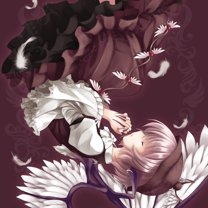 ayase hazuki, mystia lorelei, touhou, 1girl, animal ears, closed eyes, earrings, feathers, female focus, fingernails, hat, jewelry, long fingernails, nail (hardware), own hands clasped, own hands together, pink hair, short hair, solo, upside-down, wings