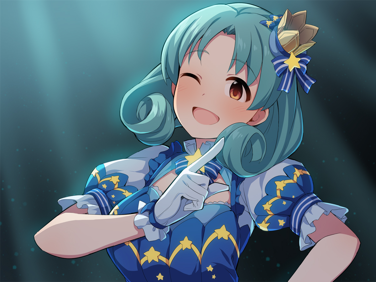 uccow, tokugawa matsuri, idolmaster, idolmaster million live!, commentary request, revision, 1girl, ;d, blue bow, blue dress, blush, bow, breasts, brown eyes, crown, dress, gloves, green hair, looking at viewer, medium breasts, mini crown, one eye closed, open mouth, parted bangs, puffy short sleeves, puffy sleeves, short sleeves, smile, solo, star (symbol), striped bow, tilted headwear, upper body, white gloves