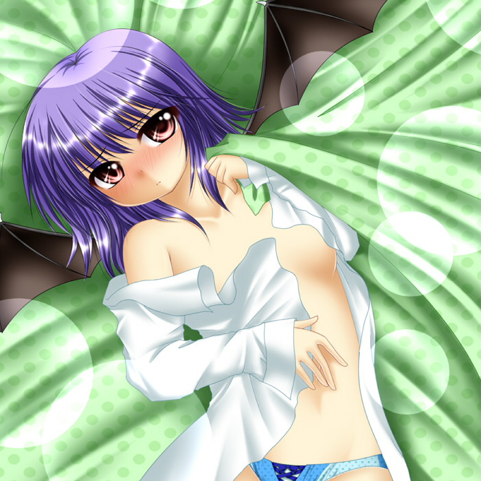 chitose (pixiv), kagura chitose, remilia scarlet, touhou, 1girl, ahoge, blue panties, blush, female focus, no bra, open clothes, open shirt, panties, shirt, solo, underwear