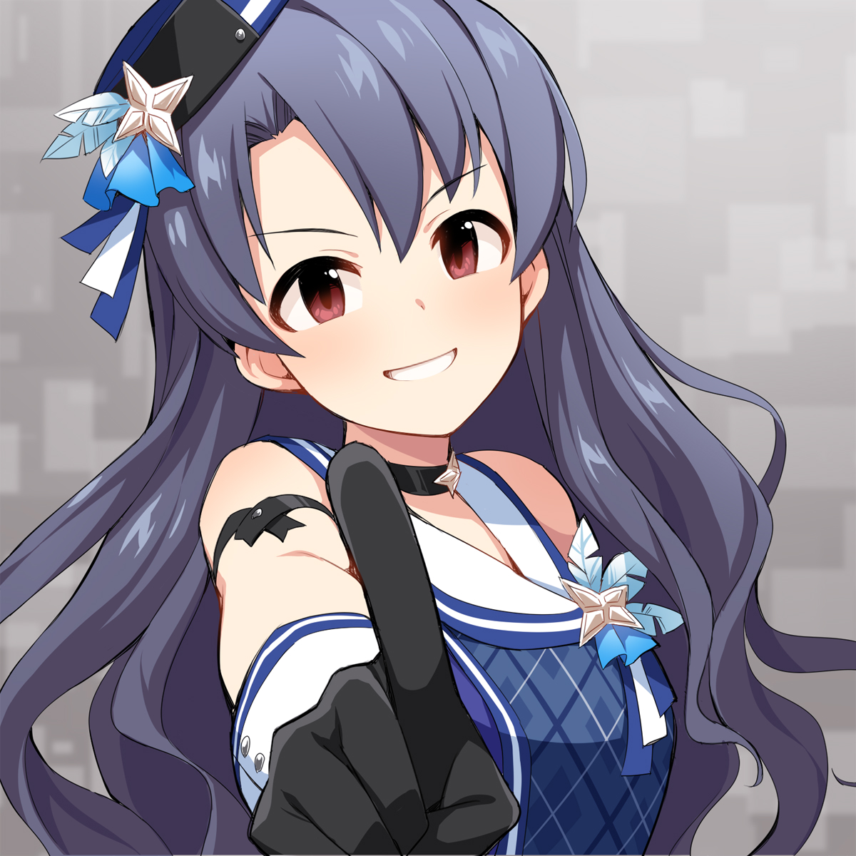 uccow, takayama sayoko, idolmaster, idolmaster million live!, idolmaster million live! theater days, commentary request, highres, revision, 1girl, bare shoulders, black choker, black gloves, black hair, blue hat, blue shirt, breasts, brown eyes, choker, gloves, hair between eyes, hat, index finger raised, long hair, looking at viewer, medium breasts, outstretched arm, sailor collar, shirt, sleeveless, sleeveless shirt, smile, solo, tilted headwear, upper body, very long hair, white sailor collar