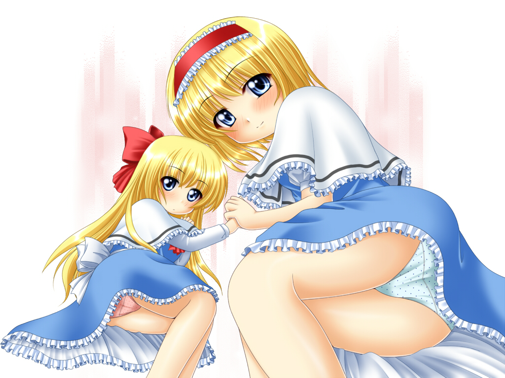 chitose (pixiv), kagura chitose, alice margatroid, shanghai doll, touhou, 2girls, blonde hair, blue eyes, blue panties, doll, female focus, hairband, holding hands, long hair, multiple girls, panties, pink panties, polka dot, polka dot panties, short hair, underwear