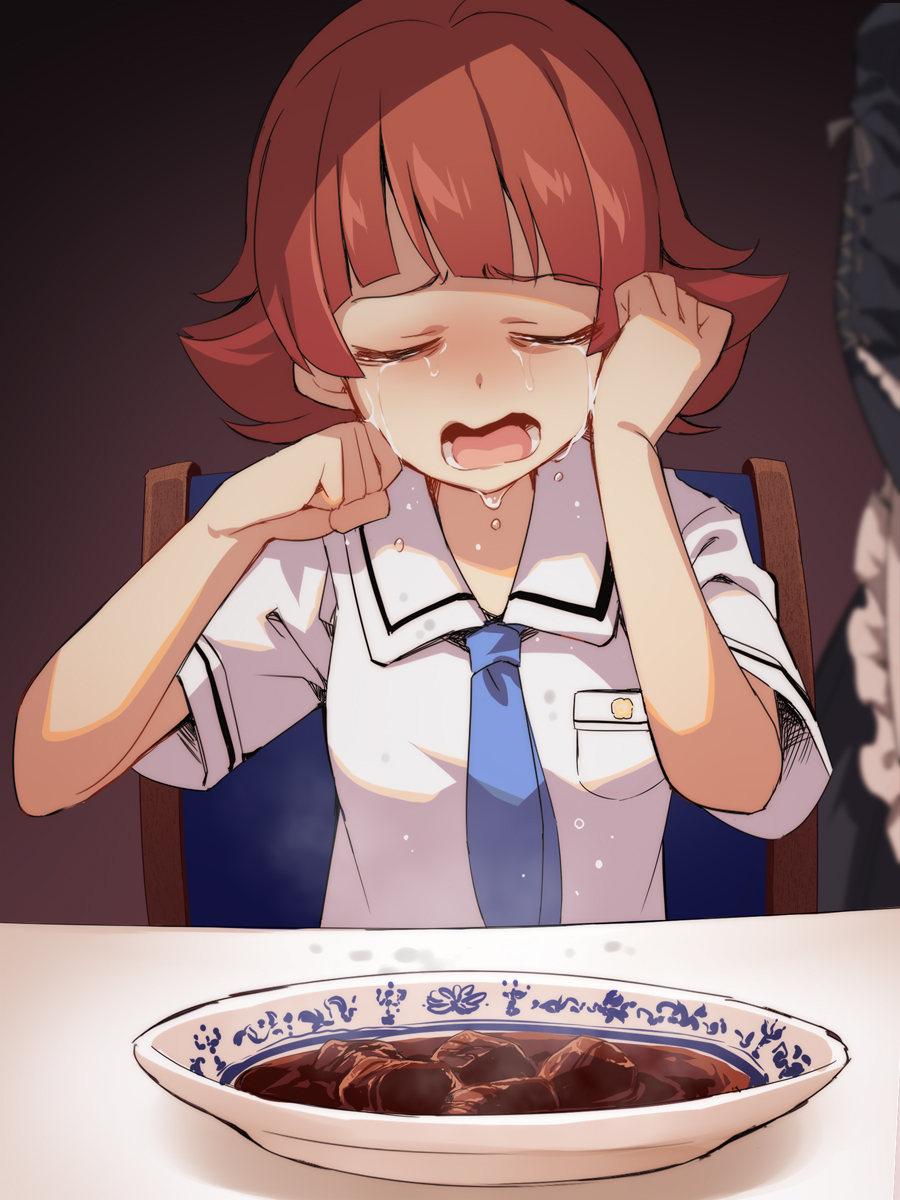 uccow, nonohara akane, idolmaster, idolmaster million live!, idolmaster million live! theater days, commentary request, highres, revision, 2girls, apron, black dress, blue necktie, brown hair, cannibalism, closed eyes, collared shirt, crying, dress, facing viewer, flipped hair, food, frilled apron, frills, human meat consumption, multiple girls, necktie, official alternate costume, open mouth, plate, shirt, short sleeves, solo focus, stew, tears, upper body, white apron, white shirt