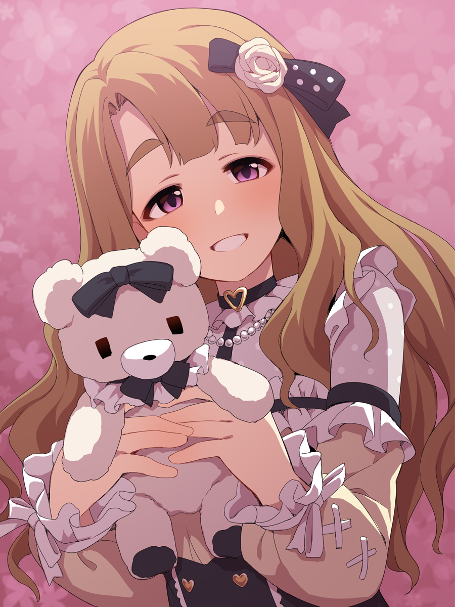 uccow, miyao miya, idolmaster, idolmaster million live!, commentary request, highres, revision, 1girl, blush, brown hair, brown shirt, brown sleeves, floral background, flower, grey shirt, hair flower, hair ornament, holding, holding stuffed toy, long hair, long sleeves, looking at viewer, pink background, puffy long sleeves, puffy sleeves, purple eyes, rose, shirt, smile, solo, stuffed animal, stuffed toy, teddy bear, thick eyebrows, upper body, very long hair, white flower, white rose