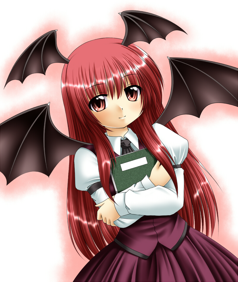 chitose (pixiv), kagura chitose, koakuma, embodiment of scarlet devil, touhou, 1girl, bat wings, blush, book, crossed arms, female focus, hair between eyes, head wings, long hair, looking at viewer, necktie, red eyes, red hair, shirt, smile, solo, white shirt, wings