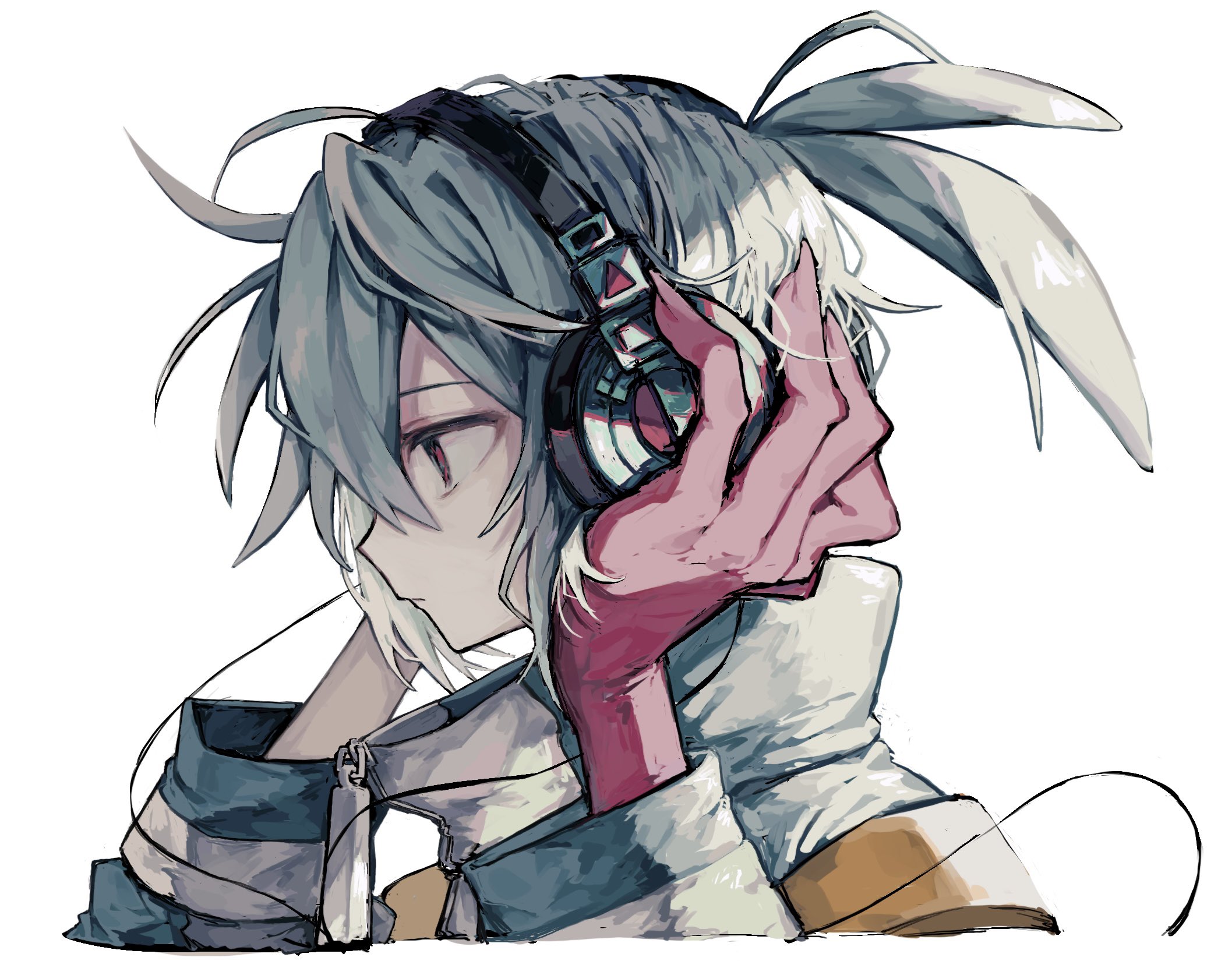 griffon0416, sig (puyopuyo), puyopuyo, highres, 1boy, adjusting headphones, blue hair, closed mouth, from side, headphones, long sleeves, male focus, red eyes, short hair, simple background, solo, white background, zipper, zipper pull tab