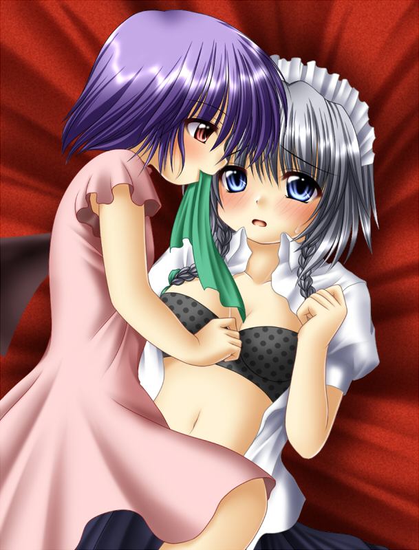 chitose (pixiv), kagura chitose, izayoi sakuya, remilia scarlet, touhou, silver hair, 2girls, black bra, blue eyes, bra, female focus, multiple girls, polka dot, polka dot bra, purple hair, red eyes, underwear