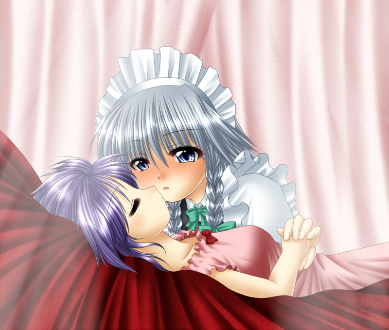 chitose (pixiv), kagura chitose, izayoi sakuya, remilia scarlet, touhou, silver hair, 2girls, blue eyes, female focus, maid, multiple girls, purple hair, sleeping