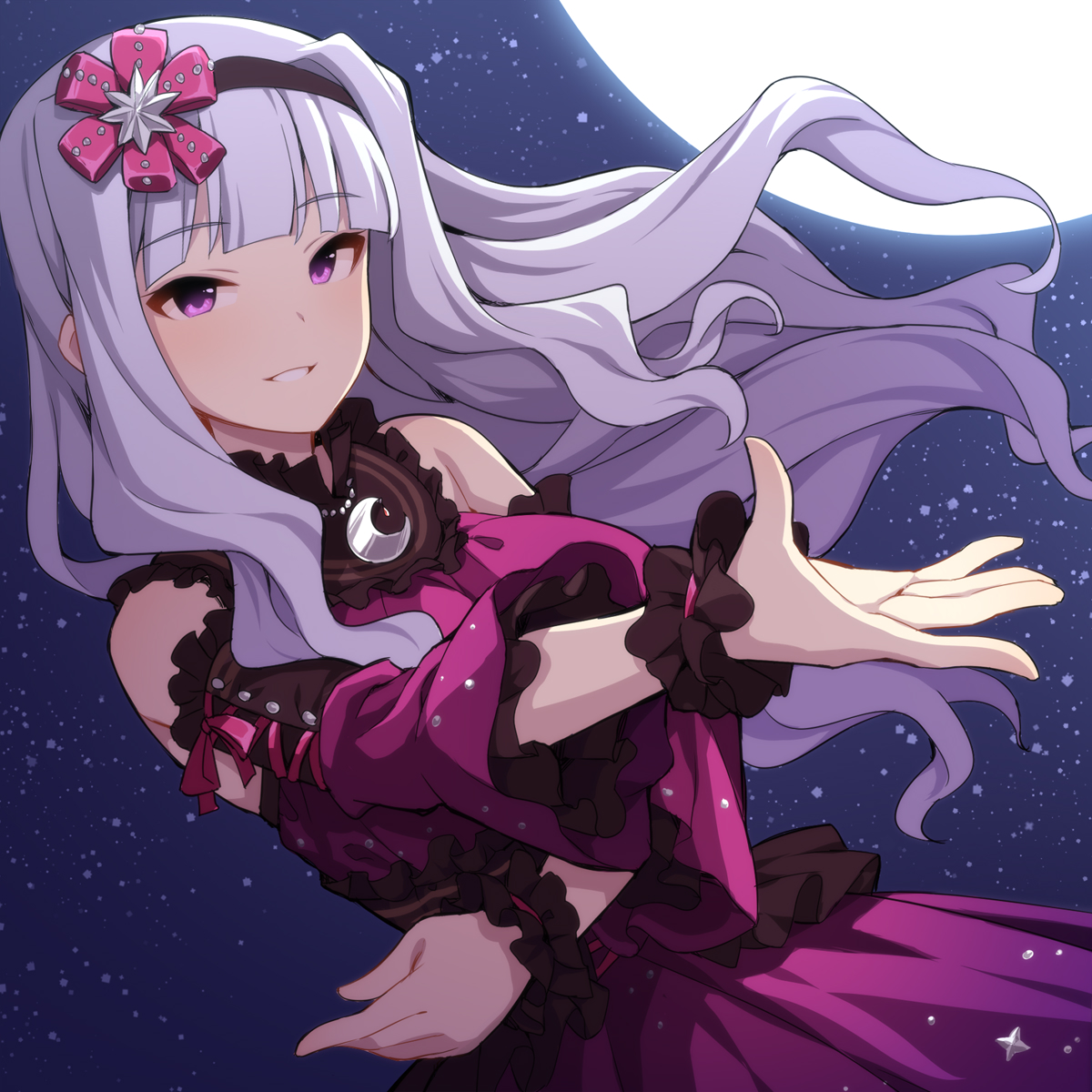 uccow, shijou takane, shijou takane (twilight eternity), idolmaster, idolmaster (classic), idolmaster million live!, idolmaster million live! theater days, commentary request, highres, revision, 1girl, black hairband, detached sleeves, dress, dutch angle, frilled dress, frilled sleeves, frills, full moon, grey hair, hairband, long hair, long sleeves, moon, night, night sky, official alternate costume, purple dress, purple eyes, purple sleeves, sky, sleeveless, sleeveless dress, smile, solo, very long hair, wide sleeves, wrist cuffs