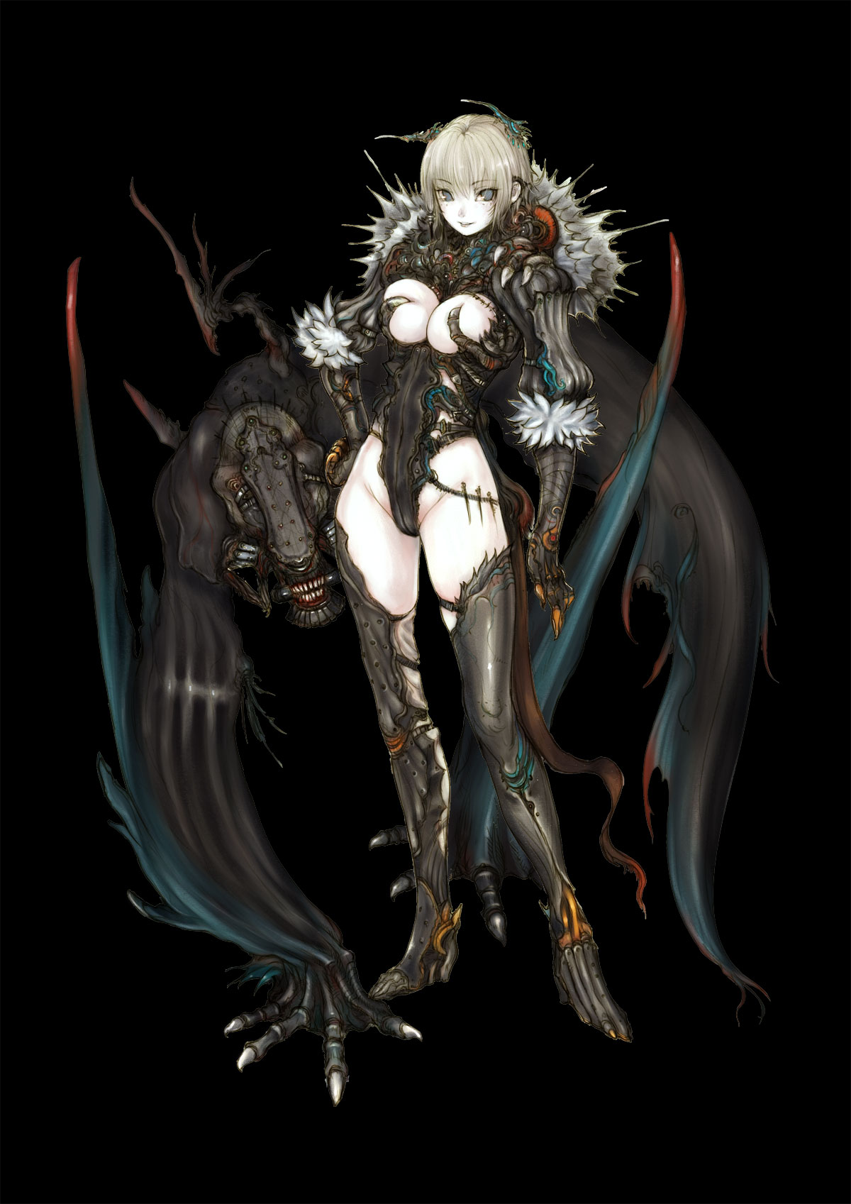 shadowthorn, original, highres, 1girl, armor, blue eyes, breasts, female focus, groin, large breasts, monster, short hair, simple background, smile, solo, white hair