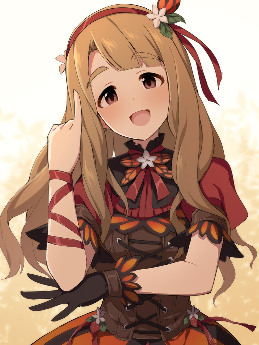 uccow, miyao miya, idolmaster, idolmaster million live!, idolmaster million live! theater days, commentary request, highres, revision, 1girl, :d, black gloves, brown eyes, brown hair, flower, gloves, hair flower, hair ornament, hairband, hand up, head tilt, long hair, looking at viewer, open mouth, orange skirt, parted bangs, pinky out, puffy short sleeves, puffy sleeves, red hairband, red shirt, shirt, short sleeves, single glove, skirt, smile, solo, thick eyebrows, very long hair, white flower