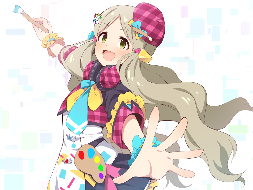 uccow, handa roco, idolmaster, idolmaster million live!, commentary request, revision, 1girl, :d, beret, black jacket, black skirt, brown hair, green eyes, hat, headphones, headphones around neck, holding, holding paintbrush, jacket, long hair, looking at viewer, open mouth, outstretched arms, paintbrush, parted bangs, plaid clothes, plaid hat, purple hat, shirt, short sleeves, simple background, skirt, smile, solo, tilted headwear, very long hair, white background, white shirt, wrist cuffs