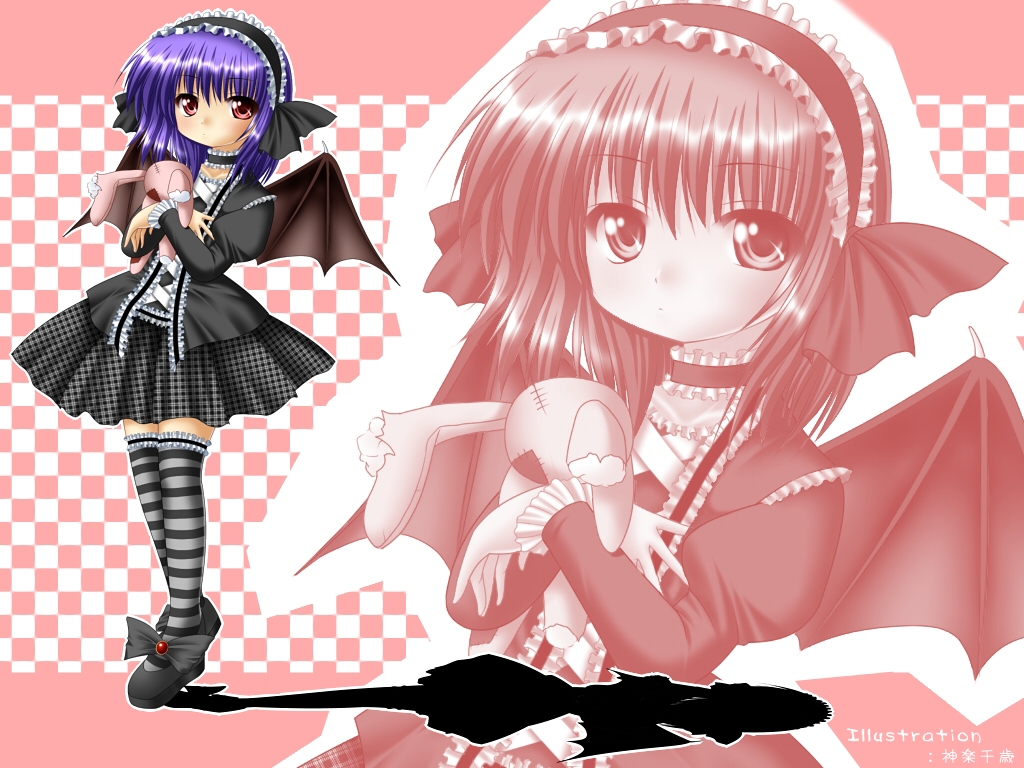 chitose (pixiv), kagura chitose, remilia scarlet, touhou, 1girl, alternate costume, bat wings, female focus, frills, gothic lolita, hairband, lolita fashion, purple hair, red eyes, short hair, solo, striped clothes, striped thighhighs, stuffed animal, stuffed rabbit, stuffed toy, thighhighs, wings, zettai ryouiki, zoom layer