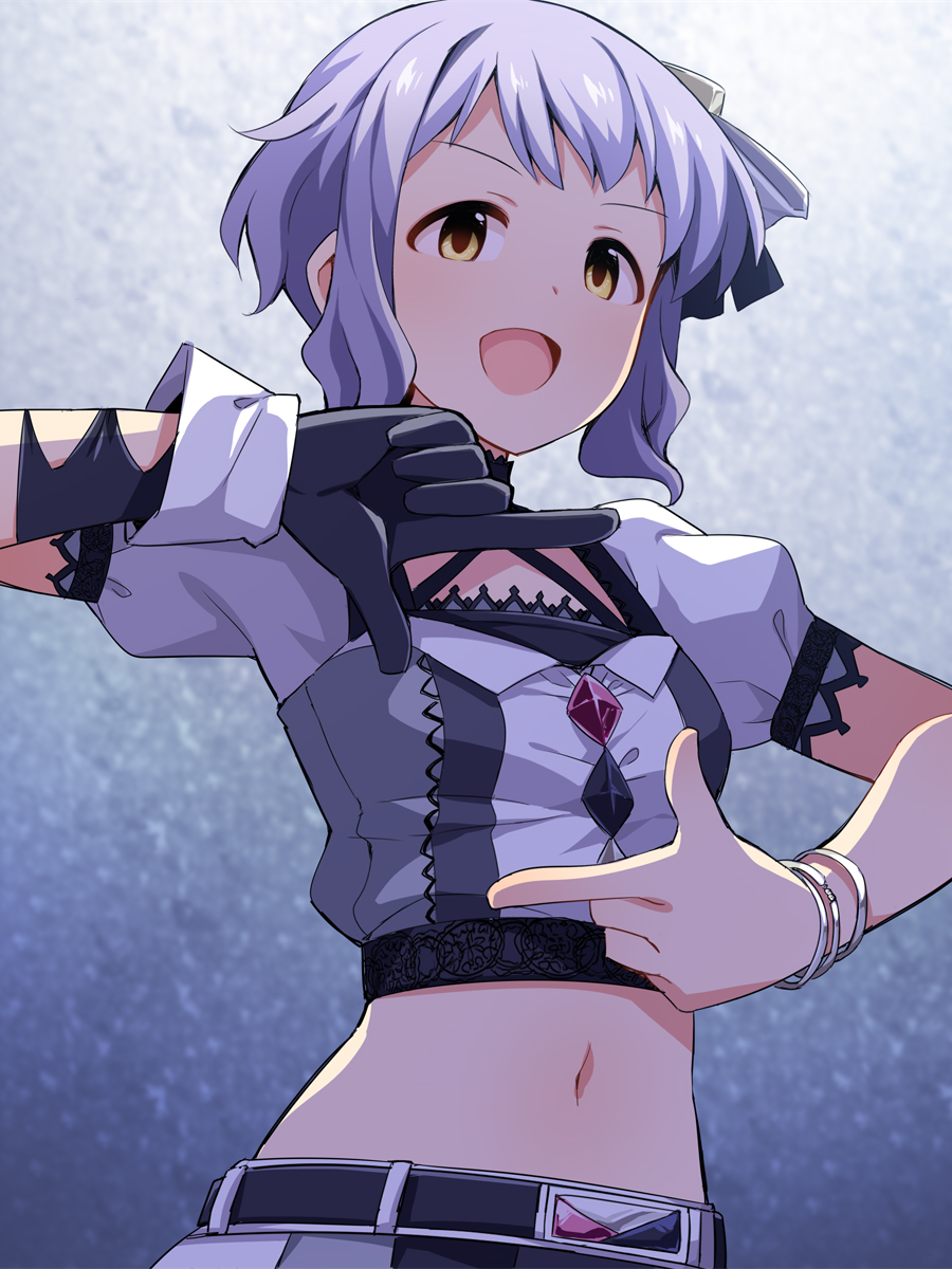 uccow, makabe mizuki, idolmaster, idolmaster million live!, idolmaster million live! theater days, commentary request, highres, revision, 1girl, :d, bangle, black gloves, bow, bracelet, breasts, brown eyes, crop top, finger frame, gloves, grey hair, hair bow, hand up, jewelry, midriff, navel, open mouth, puffy short sleeves, puffy sleeves, short hair, short sleeves, single glove, small breasts, smile, solo, white bow