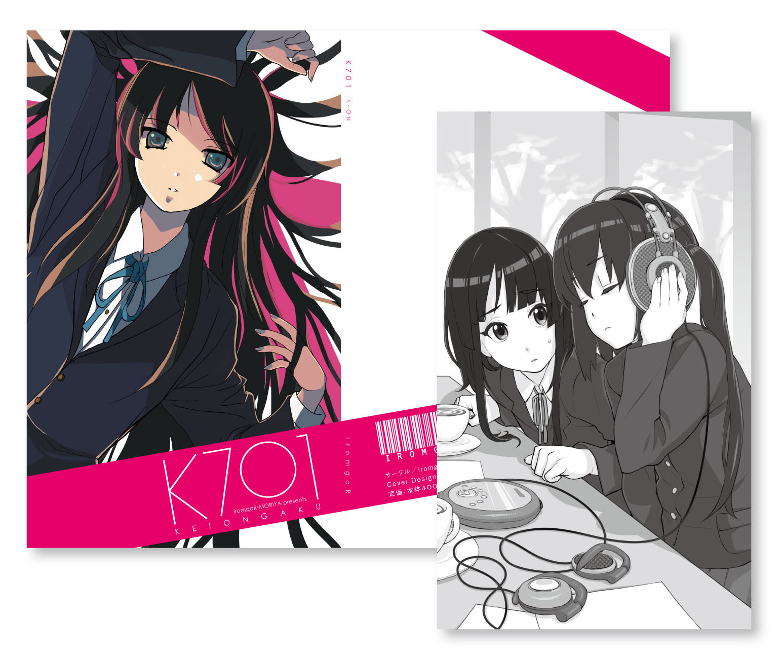 mama (mama hiro), akiyama mio, nakano azusa, akg, k-on!, bad id, bad pixiv id, highres, 00s, 2girls, akg k-series headphones, aqua eyes, black hair, blunt bangs, closed eyes, cup, headphones, hime cut, long hair, lying, monochrome, multiple girls, school uniform, teacup, twintails