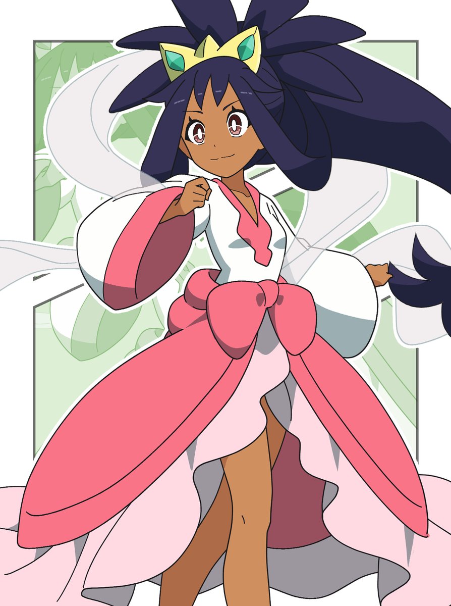 kanbei (pixiv11037490), iris (pokemon), nintendo, pokemon, pokemon bw2, commentary request, highres, 1girl, bow, breasts, brown eyes, cape, closed mouth, dark-skinned female, dark skin, dress, long hair, long sleeves, pink cape, purple hair, small breasts, smile, tiara, two side up, very long hair, waist bow, waist cape, white dress