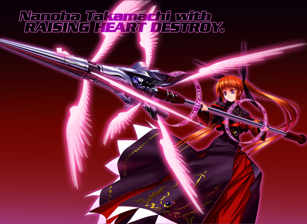 tom (1art.), raising heart, takamachi nanoha, lyrical nanoha, mahou shoujo lyrical nanoha, 00s, 1girl, alternate costume, alternate weapon, dark nanoha, female focus, magical girl, purple eyes, solo, twintails, weapon, wings