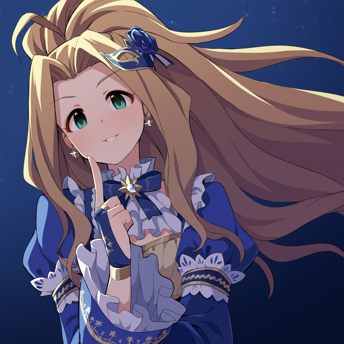 uccow, nikaido chizuru, idolmaster, idolmaster million live!, commentary request, highres, revision, 1girl, blue background, blue bow, blue dress, blue flower, blue rose, bow, bridal gauntlets, brown hair, curtained hair, dress, eye mask, floating hair, flower, forehead, green eyes, hand up, high ponytail, juliet sleeves, long hair, long sleeves, looking at viewer, mask, mask on head, parted bangs, ponytail, puffy sleeves, rose, solo, upper body, very long hair, wide ponytail, wide sleeves