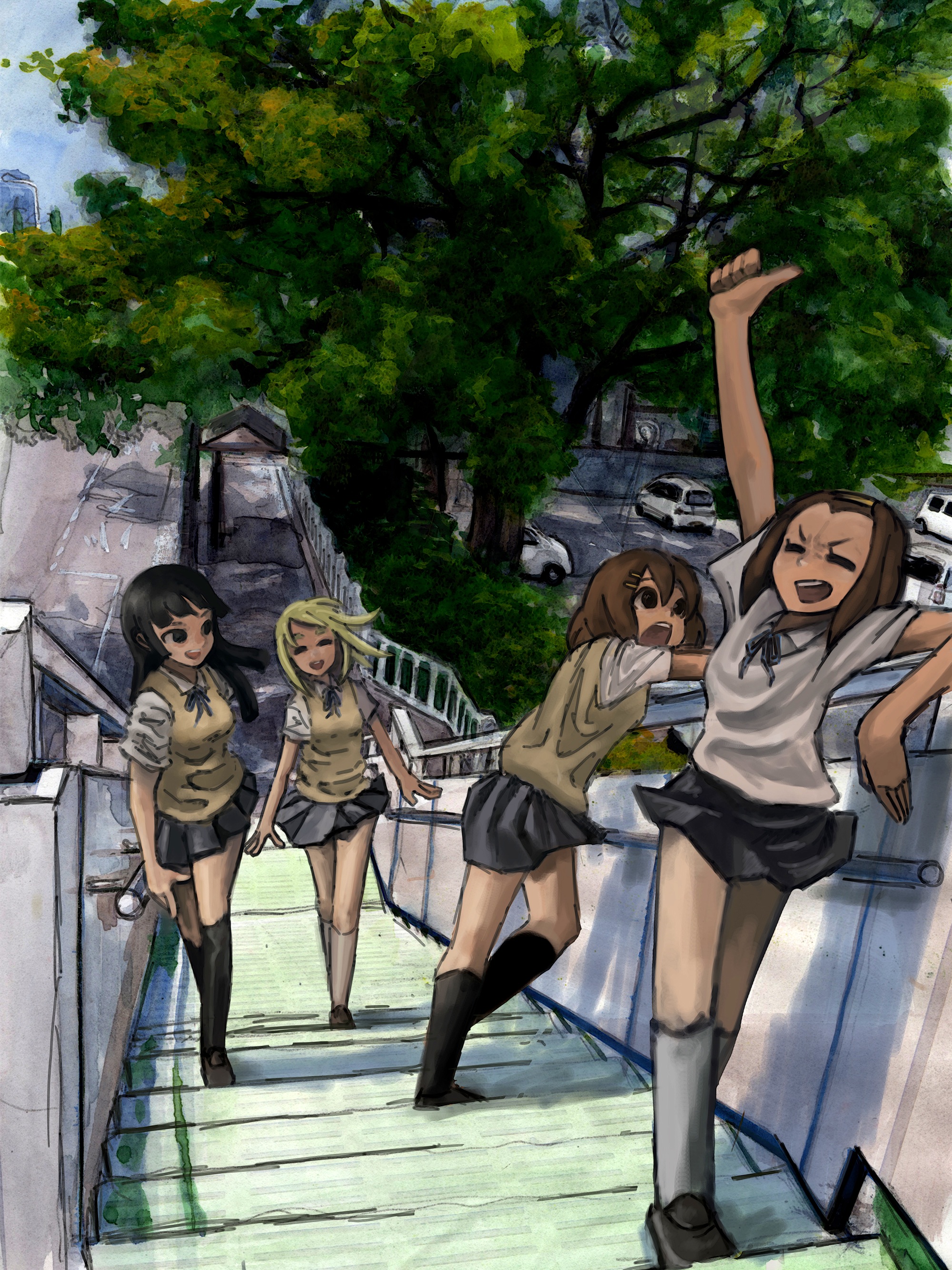 mochii'nu, mochiinu (pixiv), akiyama mio, hirasawa yui, kotobuki tsumugi, tainaka ritsu, k-on!, eyebrows, absurdres, bad id, bad pixiv id, highres, 00s, 4girls, black eyes, black hair, blonde hair, blunt bangs, brown hair, closed eyes, hair ornament, hairband, hairclip, hime cut, ho-kago tea time, long hair, multiple girls, open mouth, school uniform, short hair, smile, stairs