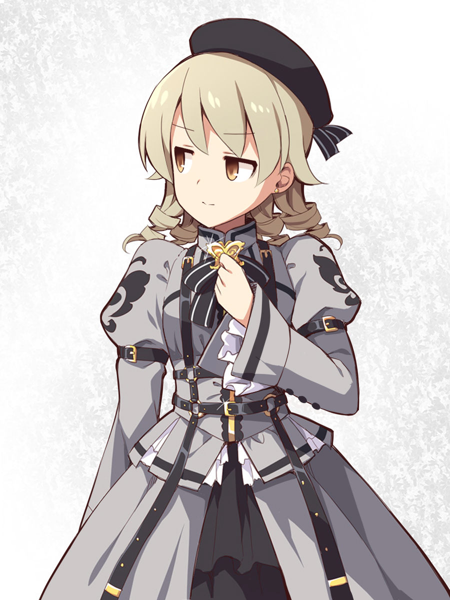 uccow, morikubo nono, idolmaster, idolmaster cinderella girls, commentary request, highres, revision, 1girl, beret, black hat, brown eyes, brown hair, closed mouth, grey shirt, hand up, hat, juliet sleeves, long hair, long sleeves, looking to the side, proud of stage (idolmaster), puffy sleeves, red skirt, ringlets, shirt, skirt, solo