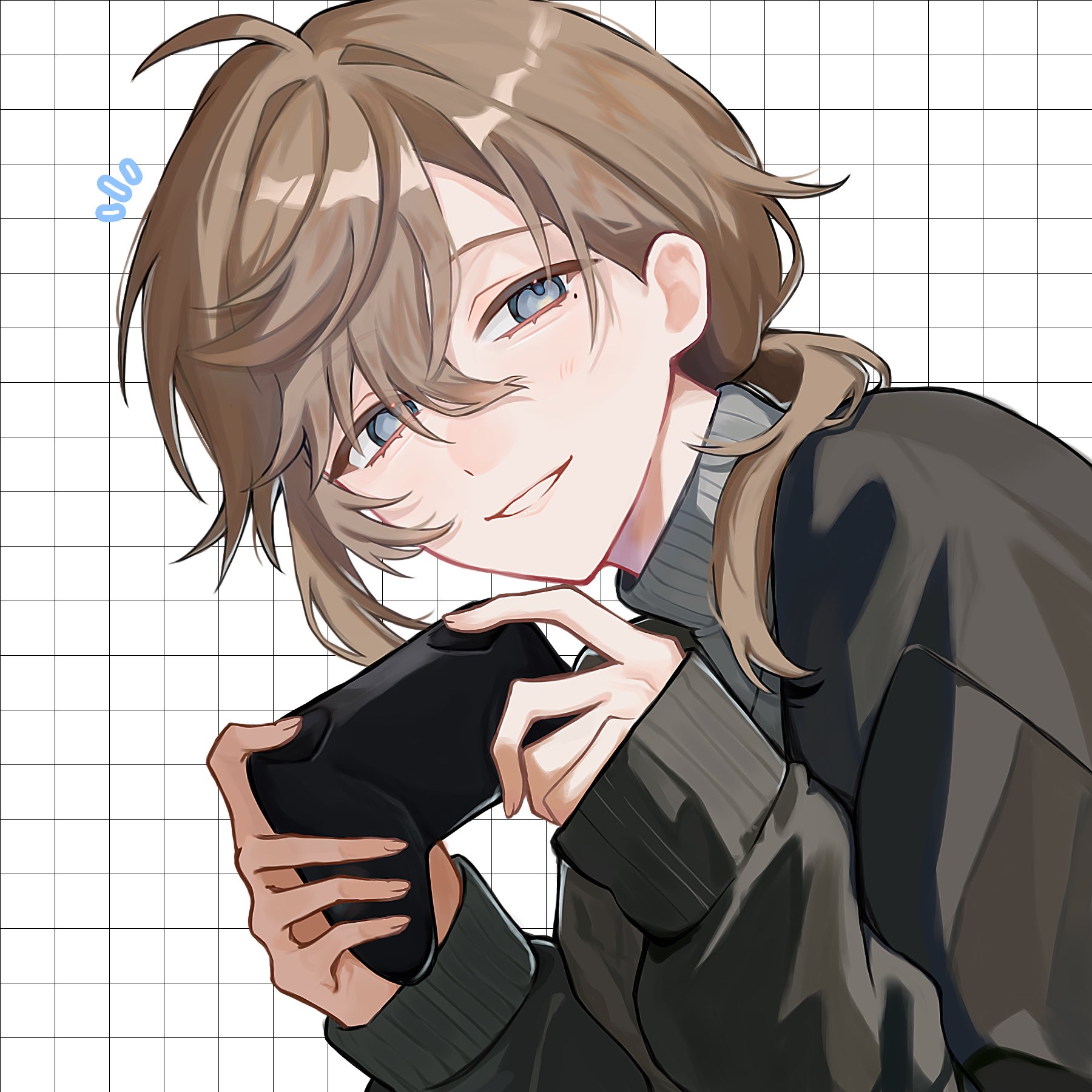 kanae (8th costume) (nijisanji), kanae (nijisanji), nijisanji, hashtag-only commentary, highres, black jacket, brown hair, grey eyes, grey shirt, grid background, hair between eyes, handheld game console, holding, holding handheld game console, jacket, long hair, long sleeves, looking at viewer, male focus, mole, mole under eye, ponytail, shirt, sleeves past wrists, smile, solo, take 426, turtleneck, upper body, virtual youtuber