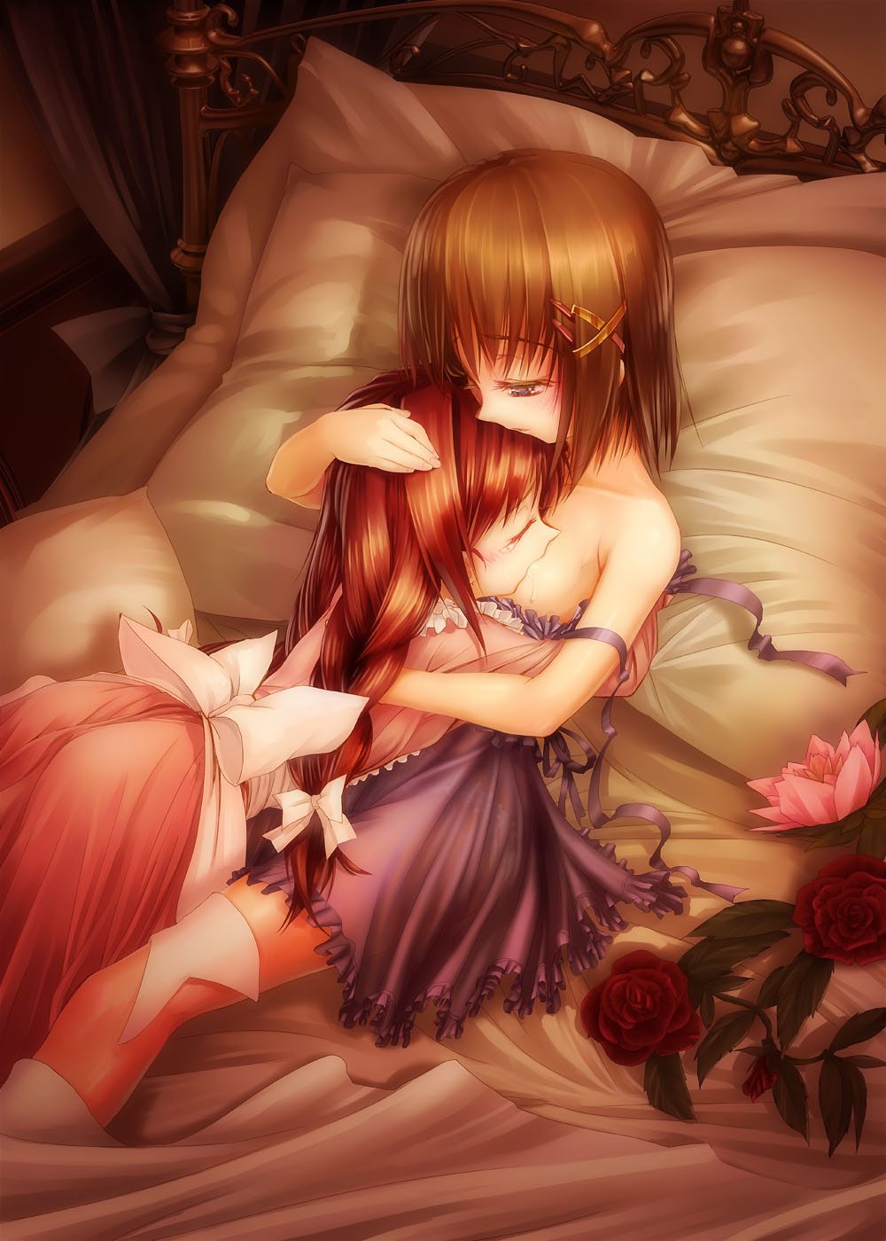 tom (1art.), vita (nanoha), yagami hayate, lyrical nanoha, mahou shoujo lyrical nanoha, mahou shoujo lyrical nanoha a's, bad id, bad pixiv id, highres, 00s, 2girls, apron, bed, braid, breast sucking, breasts, brown hair, flat chest, flower, hug, medium breasts, multiple girls, pillow, red hair, ribbon, rose, tears, twin braids, yuri