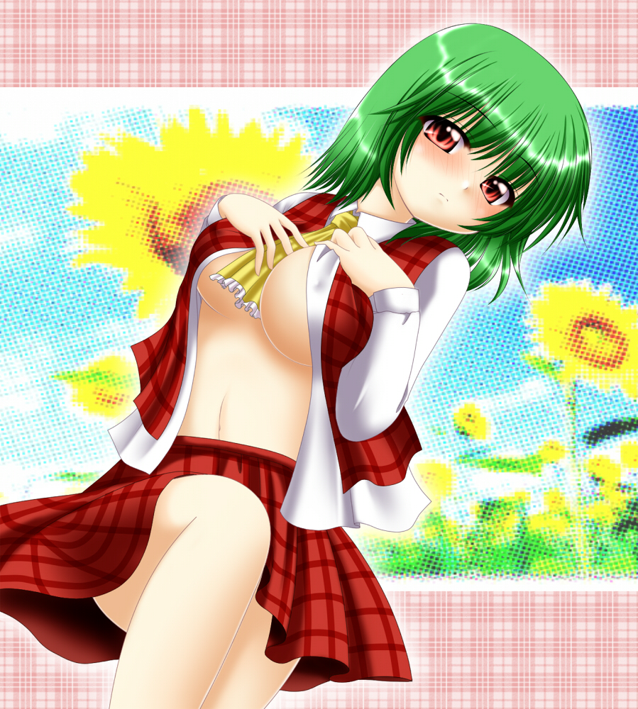 chitose (pixiv), kagura chitose, kazami yuuka, touhou, 1girl, ascot, between breasts, blush, breasts, cleavage, clothes between breasts, female focus, flower, green hair, large breasts, midriff, no bra, open clothes, open shirt, plaid clothes, plaid skirt, plaid vest, red eyes, shirt, skirt, skirt set, solo, sunflower, underboob, vest