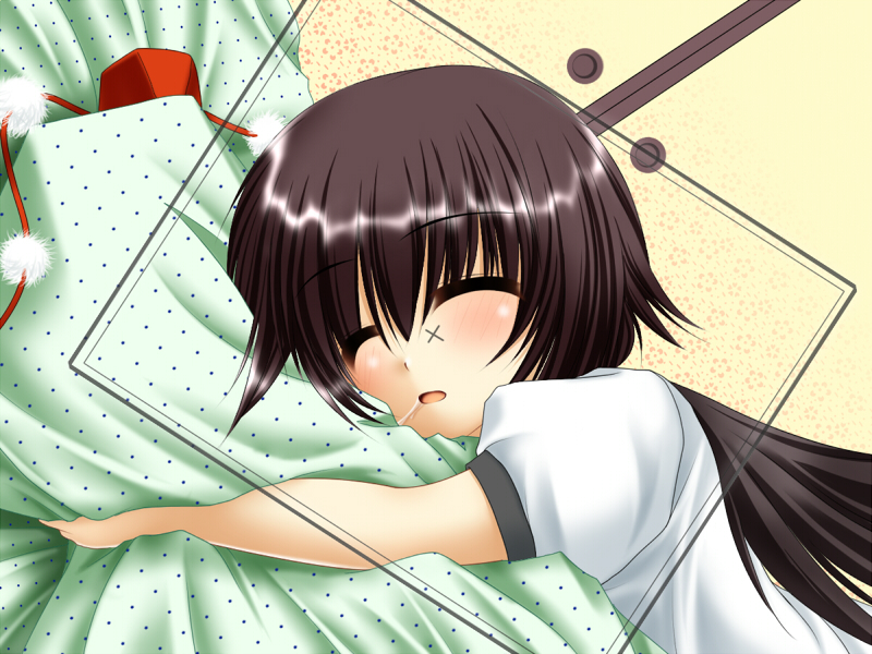 chitose (pixiv), kagura chitose, shameimaru aya, touhou, 1girl, black hair, black wings, blush, closed eyes, drooling, female focus, hugging object, pillow, pillow hug, saliva, short hair, sleeping, solo, wings