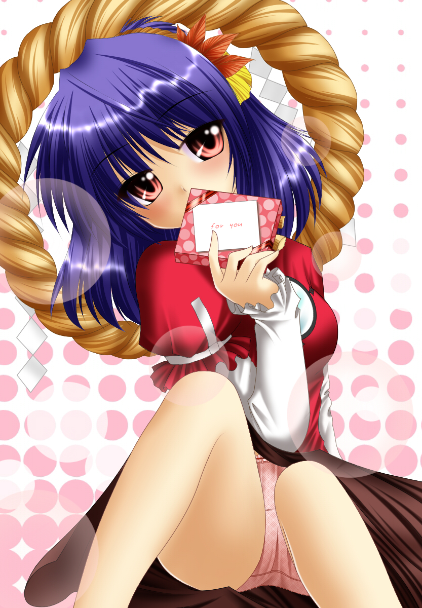 chitose (pixiv), kagura chitose, yasaka kanako, touhou, highres, 1girl, blue hair, female focus, gift, hair ornament, leaf, leaf hair ornament, panties, pink eyes, pink panties, solo, underwear