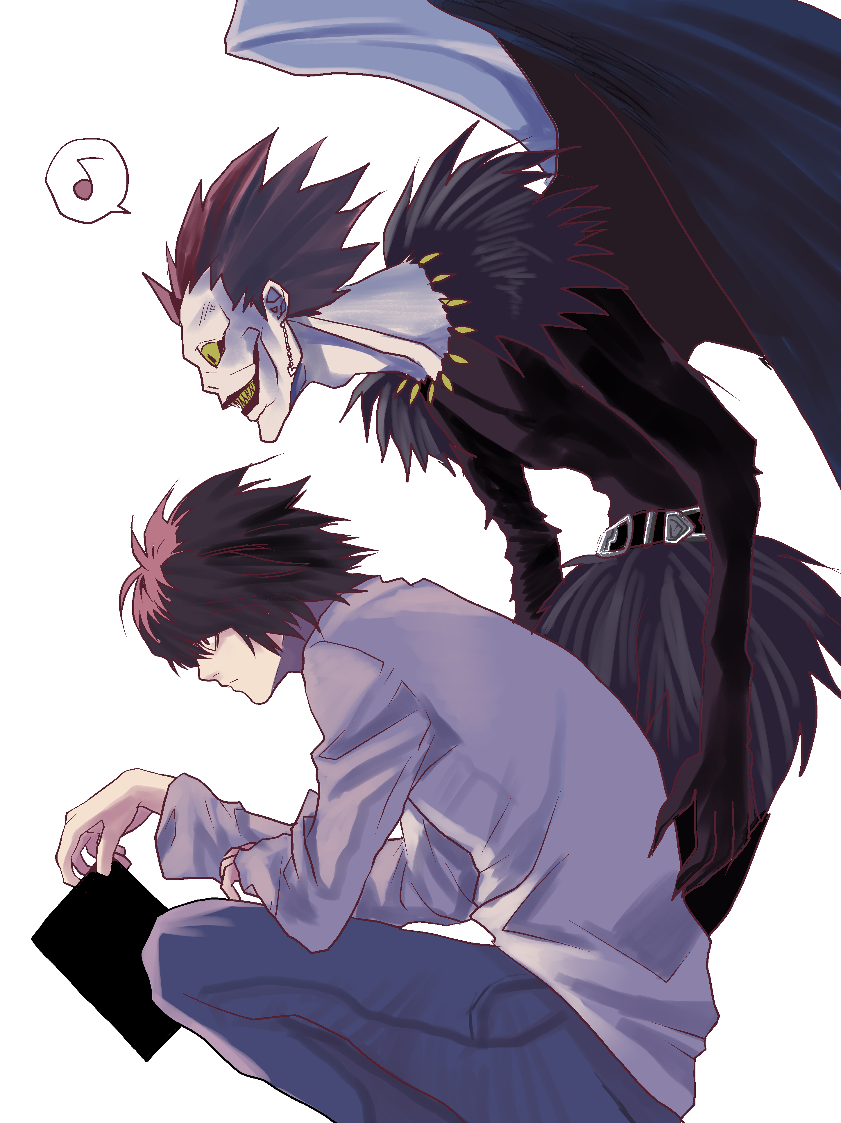 hagisawayui2, l (death note), ryuk, death note, absurdres, commentary, english commentary, highres, 2boys, black hair, black wings, blue pants, closed mouth, colored skin, death note (object), denim, earrings, feather trim, hair between eyes, holding, holding notebook, jeans, jewelry, male focus, monster, multiple boys, musical note, notebook, open mouth, pants, sharp teeth, shinigami, shirt, spoken musical note, squatting, teeth, white background, white shirt, white skin, wings, yellow eyes
