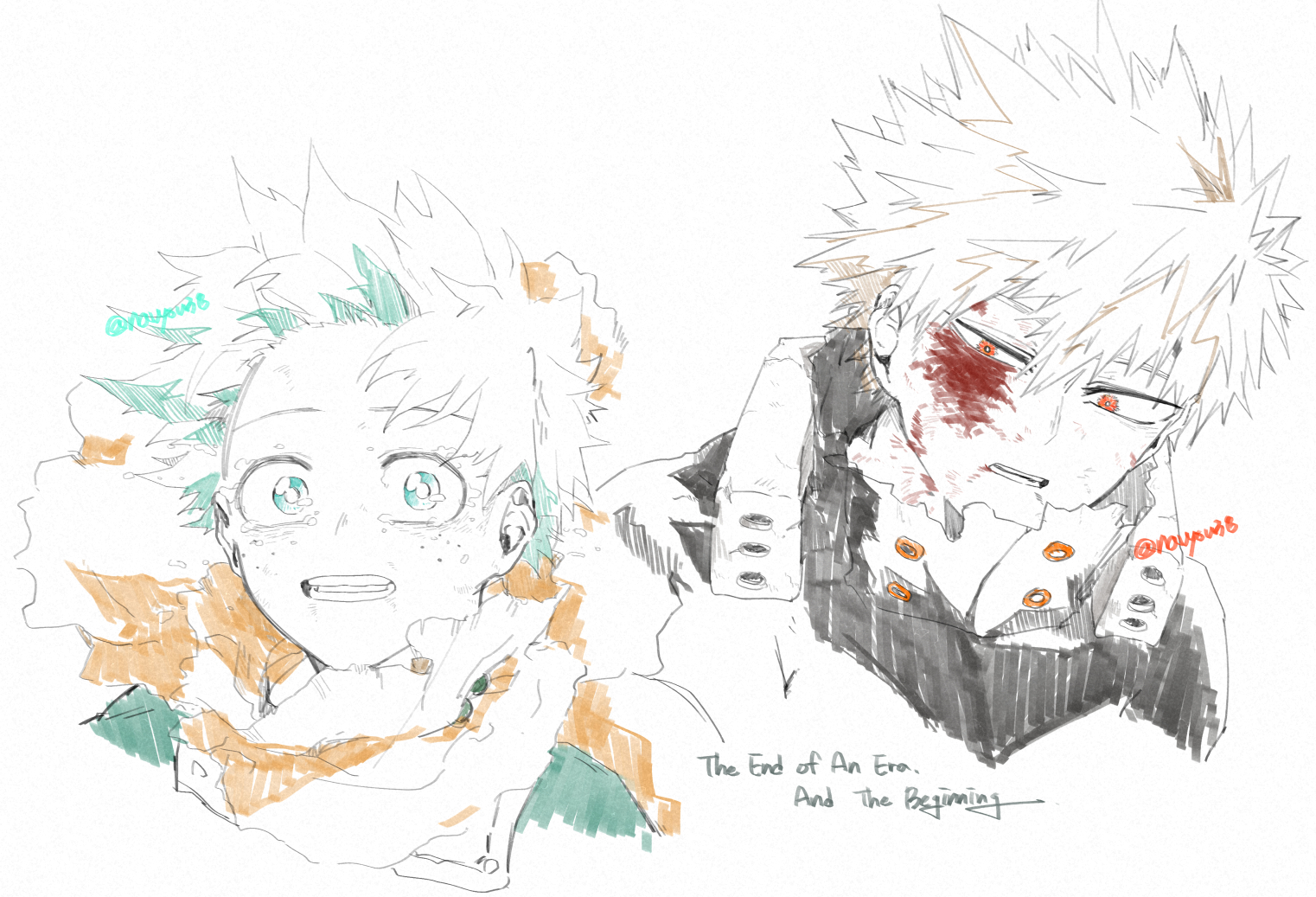 bakugou katsuki, midoriya izuku, boku no hero academia, commentary, english commentary, 2boys, black shirt, blood, blood on face, cropped shoulders, english text, freckles, green eyes, green hair, injury, male focus, multiple boys, navyou38, red eyes, scarf, shirt, simple background, sketch, tears, torn clothes, torn shirt, white background, wide-eyed