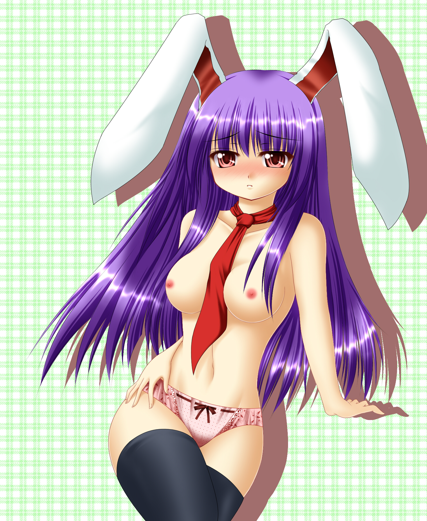 chitose (pixiv), kagura chitose, reisen udongein inaba, touhou, highres, 1girl, animal ears, black thighhighs, blush, bow, bow panties, breasts, female focus, long hair, medium breasts, necktie, nipples, panties, pink panties, purple hair, rabbit ears, red eyes, red necktie, solo, thighhighs, topless female, underwear, underwear only