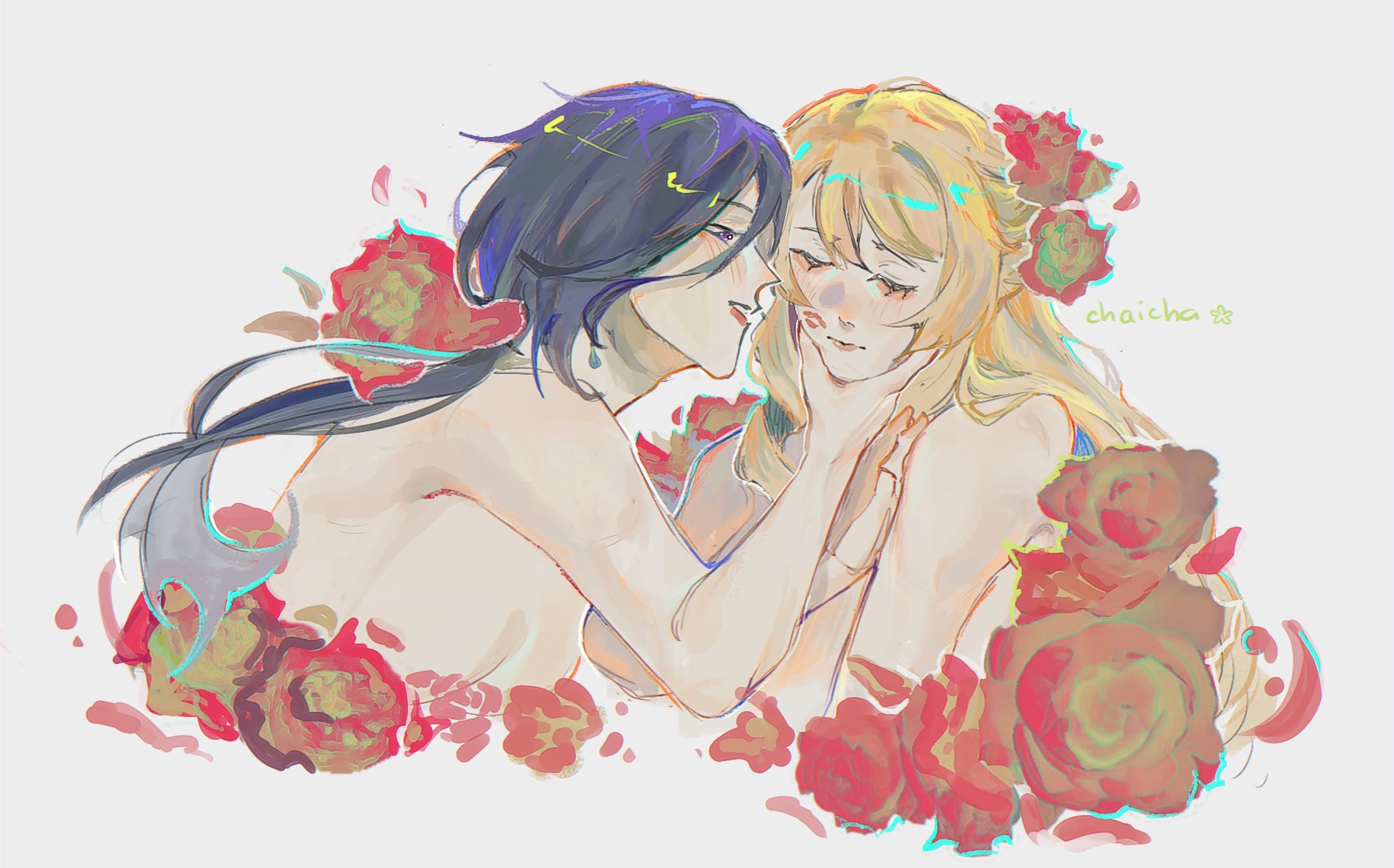 chaicha, clorinde (genshin impact), navia (genshin impact), genshin impact, commentary, english commentary, highres, 2girls, artist name, blonde hair, closed eyes, closed mouth, flower, grey background, hand on another's face, lipstick mark, lipstick mark on face, long hair, multiple girls, nude, purple eyes, purple hair, red flower, red lips, red rose, rose, simple background, yuri