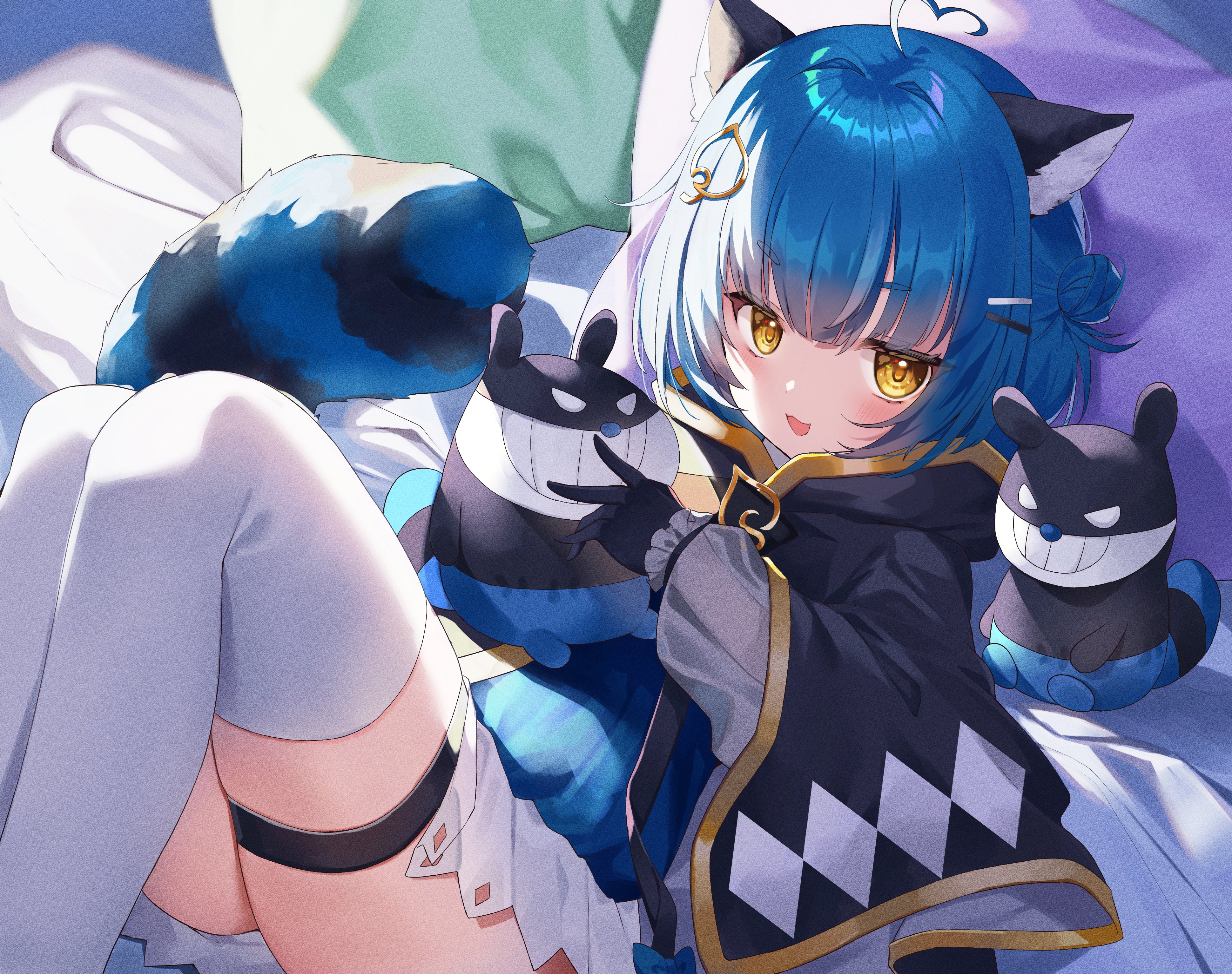 40 (0f0urw), poko rakun, poko rakun (1st costume), chromashift, absurdres, commentary, english commentary, highres, second-party source, 1girl, ahoge, animal ears, black capelet, black gloves, blue bow, blue dress, blue hair, blush, bow, capelet, dress, eyelashes, fandit (poko rakun), gloves, grin, hair bun, hair intakes, hair ornament, hairclip, heart, heart ahoge, leaf hair ornament, long sleeves, open mouth, pillow, raccoon ears, raccoon girl, raccoon tail, single side bun, smile, tail, teeth, thigh strap, thighhighs, virtual youtuber, white thighhighs, yellow eyes