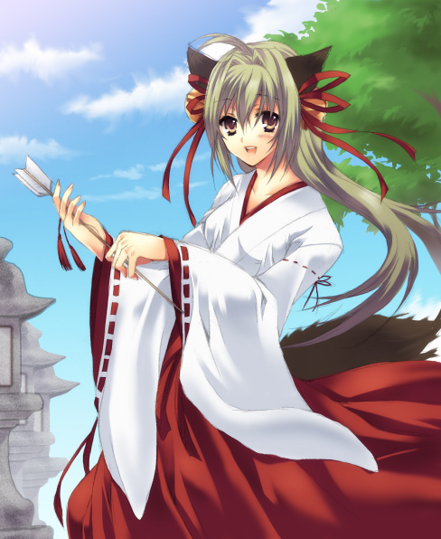 nanatomi yuki, 1girl, animal ears, arrow (projectile), blush, brown eyes, brown hair, female focus, hair ribbon, hamaya, japanese clothes, miko, open mouth, ribbon, solo, wind