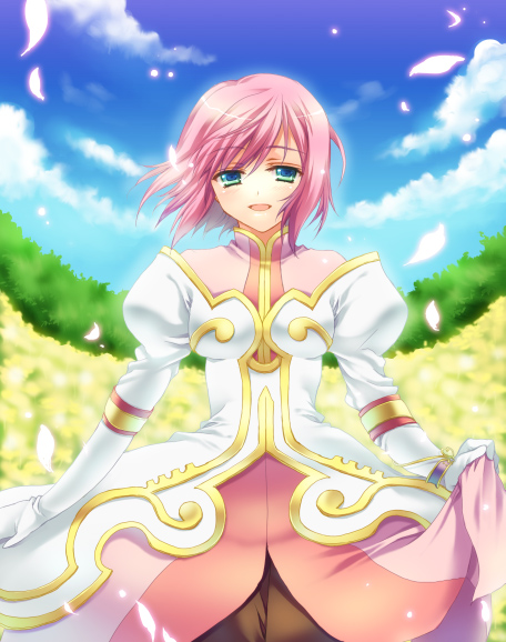 nanatomi yuki, estellise sidos heurassein, tales of (series), tales of vesperia, 00s, 1girl, blue eyes, dress, female focus, flower, nature, outdoors, petals, pink hair, sky, solo